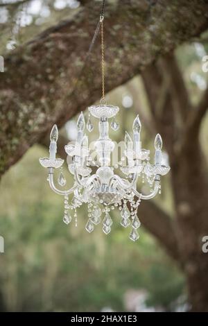 Chandelier d'époque Chrystal suspendu d'un arbre à l'autel de cérémonie de mariage en plein air Banque D'Images