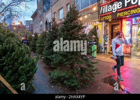 Promenade en passant devant la forêt d'un marchand d'arbres de Noël dans le quartier de Greenwich Village à New York le samedi 11 décembre 2021.(© Richard B. Levine) Banque D'Images