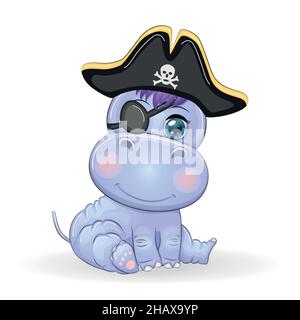 Hippopotame pirate, personnage de dessin animé du jeu, animal sauvage dans un bandana et un chapeau de coké avec un crâne, avec un patch pour les yeux.Caractère avec e lumineux Illustration de Vecteur