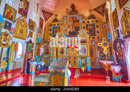 POLTAVA, UKRAINE - 22 AOÛT 2021 : l'intérieur historique de l'Église du Sauveur avec de nombreuses icônes dorées et un autel en bois, le 22 août à Poltava Banque D'Images