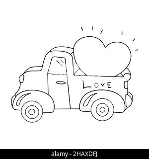 Carte de voeux Saint-Valentin avec une voiture et des coeurs de ballons.Livraison de Cupid.Illustration vectorielle de style doodle isolée en arrière-plan.Camion d'amour Illustration de Vecteur