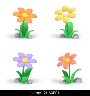 Ensemble de quatre fleurs de dessin animé sur fond blanc.3D image Banque D'Images