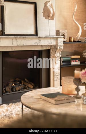 Salon confortable avec moquette douce près de la cheminée avec éléments décoratifs étagères avec livres table basse avec bougies aromatiques et livre Banque D'Images