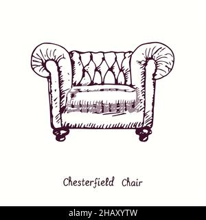 Chaise Chesterfield.Dessin d'une boisée noire et blanche à l'encre. Banque D'Images