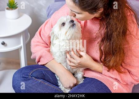 Brune blanche caucasienne assise sur le canapé et embrassant et embrassant son petit adorable chien maltais blanc dans la chambre.Les gens et leurs animaux fr Banque D'Images