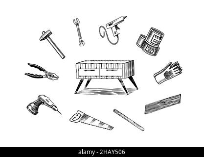 Icônes DIY.Concept de magasin de matériel.Colle, planches de bois, machine à coudre.Outils ou instruments pour la rénovation de la maison.Modèle d'affiche-bannière.Faites-le vous-même Illustration de Vecteur