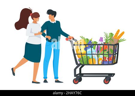 couple avec panier plein de produits Illustration de Vecteur