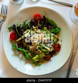 Salade avec morceaux de poulet, tomates et laitue Banque D'Images