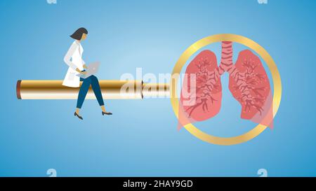 Concentrez-vous sur les poumons.Femme assise sur une loupe dorée.Dimension 16:9.Illustration vectorielle.EPS10. Illustration de Vecteur