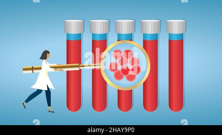 Laboratoire de sang.Femme avec grande loupe.Illustration vectorielle.EPS10.Dimension 16:9. Illustration de Vecteur