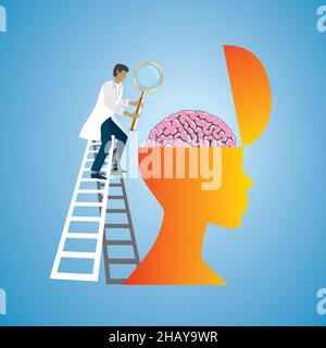 Concentrez-vous sur le cerveau.Homme sur échelle examiner le cerveau avec la loupe dorée.Illustration vectorielle.EPS10. Illustration de Vecteur