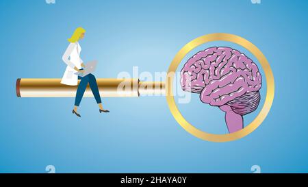 Concentrez-vous sur le cerveau.Femme assise sur une loupe dorée.Scientifique, chercheur, soins de santé, étudiant.Illustration vectorielle.EPS10.Dimension 16:9. Illustration de Vecteur