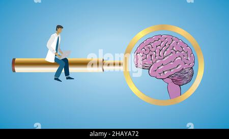 Concentrez-vous sur le cerveau.Homme sur la loupe dorée en apprenant sur le cerveau.Illustration vectorielle.Dimension 16:9.EPS10. Illustration de Vecteur