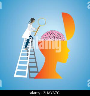 Concentrez-vous sur le cerveau.Femme avec loupe dorée examiner le cerveau.Illustration vectorielle.EPS10. Illustration de Vecteur
