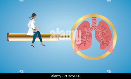 Concentrez-vous sur les poumons.Femme assise sur une loupe dorée avec ordinateur portable.Illustration vectorielle.Dimension 16:9.EPS10. Illustration de Vecteur