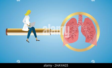 Concentrez-vous sur les poumons.Femme assise sur une loupe dorée avec ordinateur portable.Illustration vectorielle.EPS10. Illustration de Vecteur