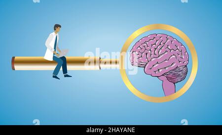 Concentrez-vous sur le cerveau.Scietist, étudiant, chercheur, médecin, homme de santé assis sur une loupe dorée.Illustration vectorielle.EPS10. Illustration de Vecteur