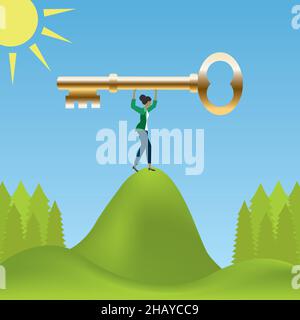 Femme avec clé dorée au sommet de la colline.Illustration vectorielle.EPS10. Illustration de Vecteur