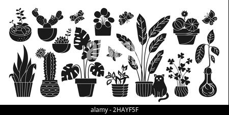 Plante de maison en pot, ensemble de timbres décoratifs.Silhouette noire de la maison plantes stencil tache flowerpot.Maison botanique plantes, fleur, cactus, monstère, aloès céramique en pot.Illustration vectorielle isolée Illustration de Vecteur