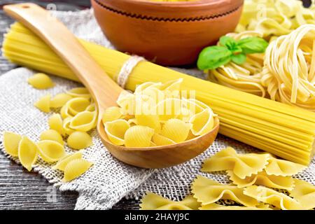 Pâtes coquillages dans une cuillère, tuyau rigate dans un bol, spaghetti, tagliatelle, farfalle, trenette sur toile de fond en bois sombre Banque D'Images