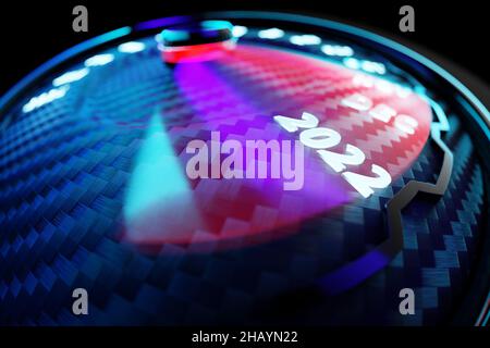 3D illustration d'un compteur de vitesse détaillé montrant la fin de 2021 et le début de 2022.En comptant les mois, jusqu'à la nouvelle année Banque D'Images