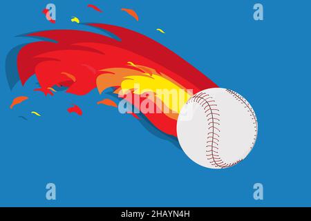 Illustration vectorielle en gros plan d'une balle de baseball volant à grande vitesse derrière elle avec une queue ardente sur fond bleu.Équipement de sport Banque D'Images