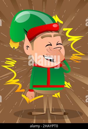 Elf de Noël tenant son nez à cause d'une mauvaise odeur.Illustration de personnage de dessin animé vectoriel du petit ouvrier du Père Noël, l'aide. Illustration de Vecteur
