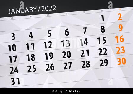 Calendrier du mois de janvier 2022, date limite. Banque D'Images