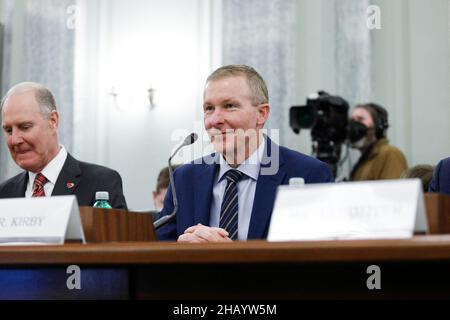 WASHINGTON - décembre 15 : Scott Kirby, PDG de United Airlines, témoigne lors d'une audience de surveillance du Sénat sur le commerce, la science et le transport à Capitol Hill à Washington, DC, États-Unis, le mercredi 15 décembre 2021.Photo de Tom Brenner/Pool/ABACAPRESS.COM Banque D'Images