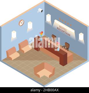 L'intérieur de la réception de l'hôtel est de style vectoriel isométrique.Illustration 3D plate.Hall de l'hôtel Illustration de Vecteur