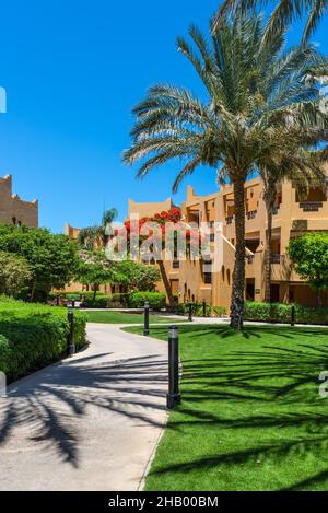 Hurghada, Égypte - 25 mai 2021 : vue sur les villas de l'hôtel et l'arbre à fleurs du Stella Di Mare Beach Resort and Spa situé dans la baie de Makadi, qui Banque D'Images