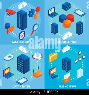 Jeu de poster isométrique vecteur de concept de centre de données Illustration de Vecteur
