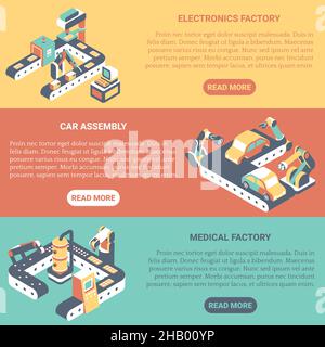 Jeu de bannières horizontales isométriques à vecteur d'automatisation en usine.Usine d'électronique, montage de voiture, Medical Factory concept design éléments pour le web et Illustration de Vecteur