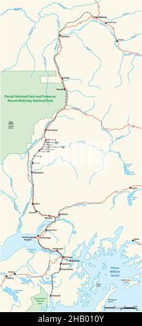 Carte ferroviaire de Fairbanks à Seward, Alaska, États-Unis Illustration de Vecteur