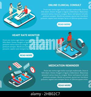 Services médicaux en ligne Vector plat isométrique bannière horizontale Illustration de Vecteur