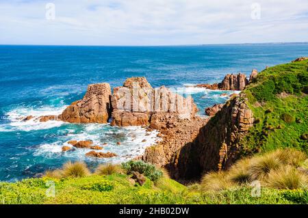 Structures rocheuses spectaculaires en granit sous le point de vue de Pinnacles à Cape Woolamai - Phillip Island, Victoria, Australie Banque D'Images