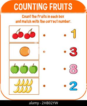 Modèle de jeu mathématique avec illustration du comptage des fruits Illustration de Vecteur
