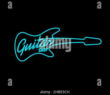 Enseigne au néon ou icône vectorielle de la boutique de guitare acoustique.Boutique de musique instrument bleu lumière brillante panneau sur fond noir, brillant lumineux gaz rempli tu Illustration de Vecteur