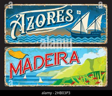 Îles des Açores et de Madère plaques de la province portugaise et autocollants de voyage, vecteur.Panneaux en étain avec quartiers du Portugal ou plaques métalliques avec tagl de ville Illustration de Vecteur