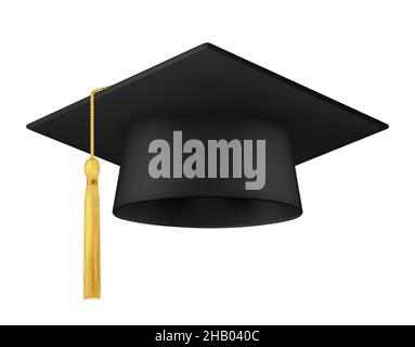 Casquette supérieure noire avec pampille.Chapeau d'étudiant de diplôme d'études universitaires ou collégiales isolées.Vêtements de tête de graduation Vector Realistic 3D Hat pour alumnus c Illustration de Vecteur