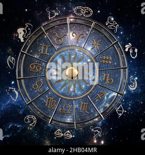 La roue de l'horoscope avec les signes du zodiaque et les constellations du zodiaque.3D illustration. Banque D'Images