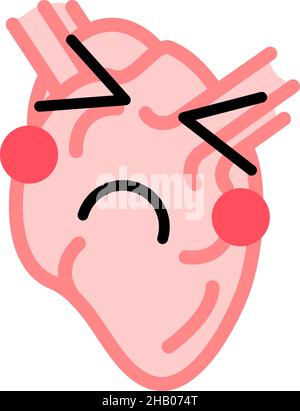 Coeur humain avec le visage mignon dans la grimace malade, triste et douleur, icône médicale isolée sur blanc Illustration de Vecteur
