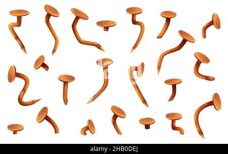Clous et têtes rouillés, clous vectoriels en métal de fer d'époque isolés.Dessin animé clous et hobclous tordus avec de la rouille, courbés par un marteau, de vieilles broches ou des pointes Illustration de Vecteur