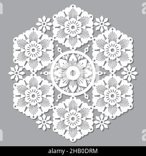 Motif fleuri de style mandala avec panneaux muraux carverd traditionnels du Maroc, motif boho arabe avec fleurs, feuilles et tourbillons Illustration de Vecteur