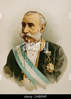 Manuel Alonso Martínez (1827-1891).Juriste et homme politique espagnol, et principal rédacteur du Code civil espagnol.Président du Congrès des députés en 1889.Ministre des travaux publics, des Finances et de la Justice et Grace.Portrait.Chromolithography.'Historia général de España' (Histoire générale de l'Espagne), par Miguel Morayta.Volume VIIIMadrid, 1894. Banque D'Images