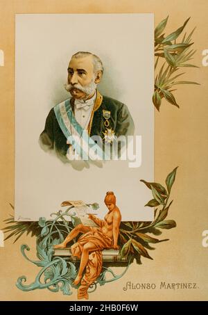 Manuel Alonso Martínez (1827-1891).Juriste et homme politique espagnol, et principal rédacteur du Code civil espagnol.Président du Congrès des députés en 1889.Ministre des travaux publics, des Finances et de la Justice et Grace.Portrait.Chromolithography.'Historia général de España' (Histoire générale de l'Espagne), par Miguel Morayta.Volume VIIIMadrid, 1894. Banque D'Images