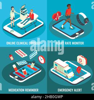 Ensemble d'affiches isométriques vectorielles de services médicaux en ligne Illustration de Vecteur