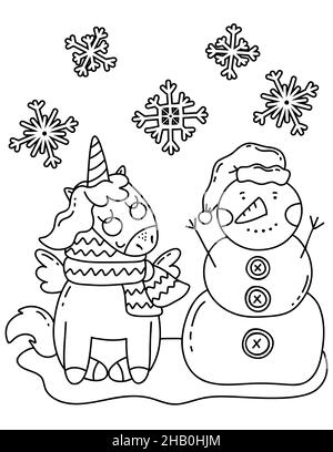 Page du livre de coloriage de Noël.Livre de coloriage UNICORN avec bonhomme de neige. Banque D'Images