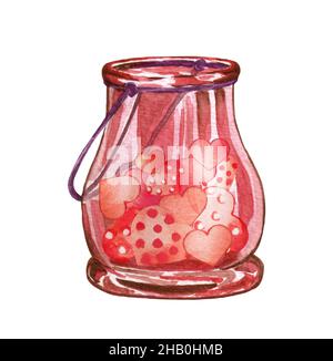 Bol en verre aquarelle avec coeurs.Illustration de la Saint-Valentin.Concept d'amour Banque D'Images