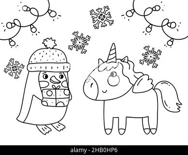 Page du livre de coloriage de Noël.Livre de coloriage UNICORN avec pingouin. Banque D'Images